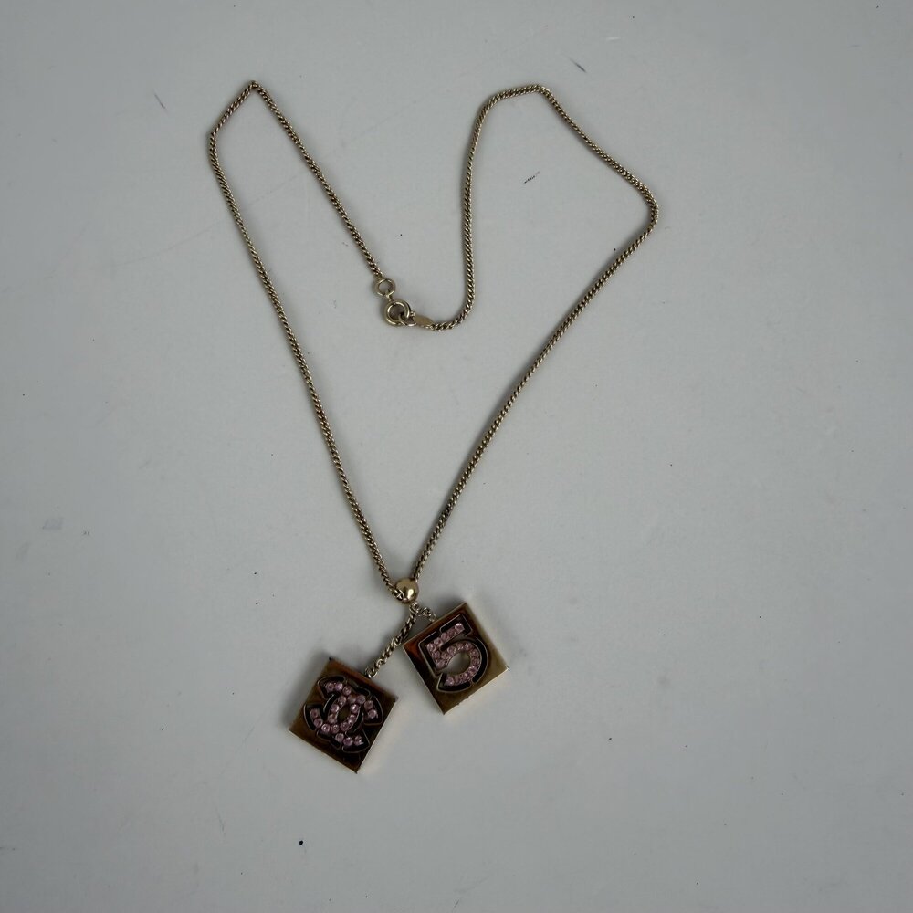 Chanel Vintage Coco Mark & No. 5 Moving Pendants Charm Necklace